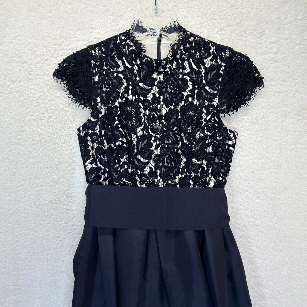 Eliza J Black Dress Size 6P Beaded Bodice Taffeta Gown Cap Sleeves Lace Formal - Picture 4 of 11